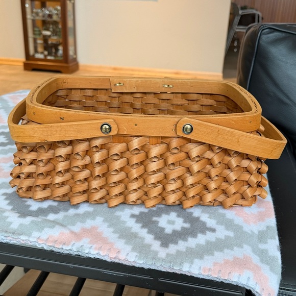 Vintage Tan wooden striped Woven Basket - Picture 2 of 9